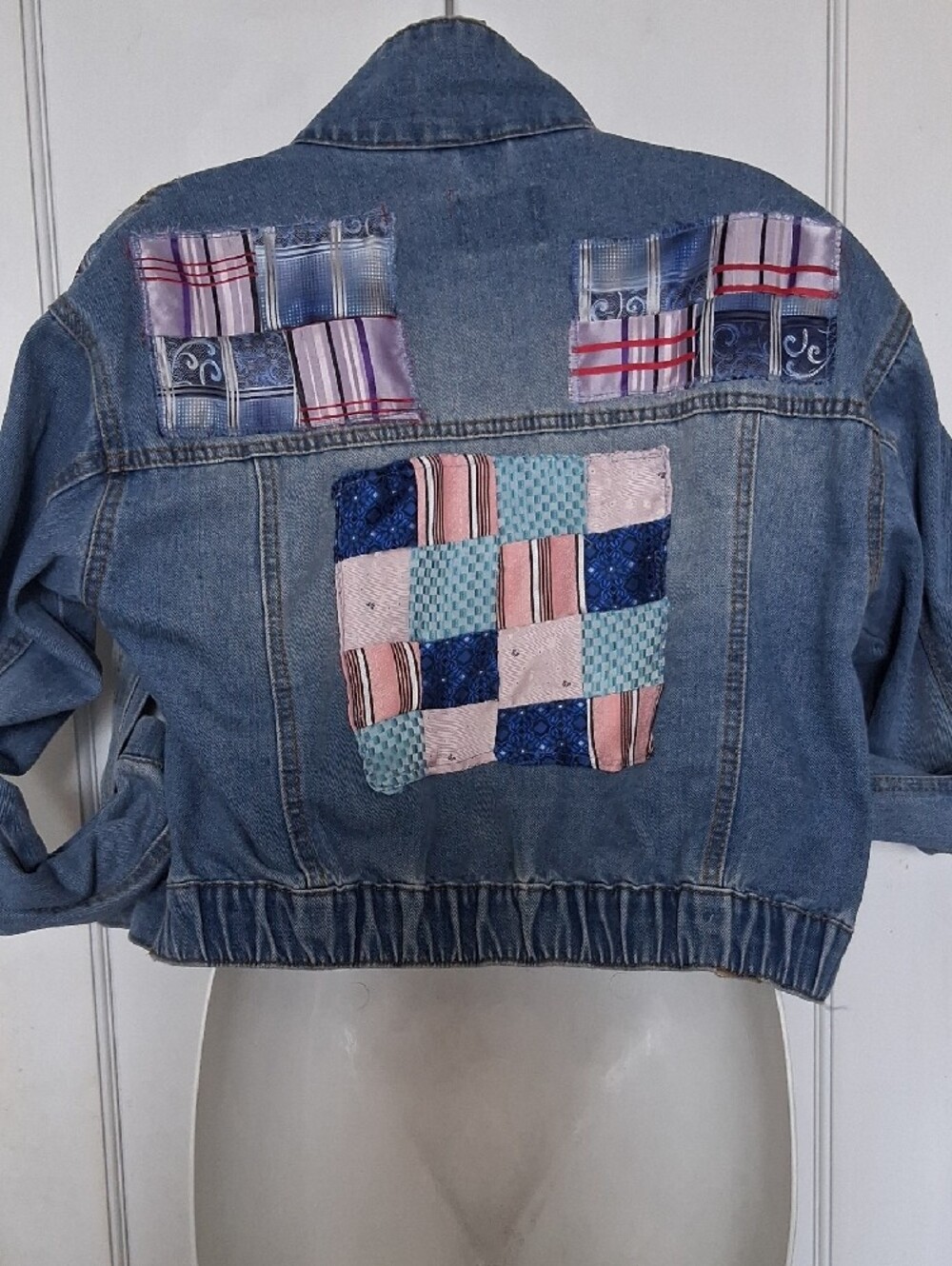 Cosono  Vera's Upcycled Light Blue Denim Jean Jacket w Plaid Patchwork Accents S